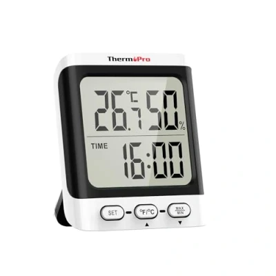 Obrázek ThermoPro TP152 Thermometer Innen Hygrometer 0.5℃ Präzise Raumthermometer Uhrzeit Luftfeuchtigkeitsmesser Temperaturmessgerät Ideal für Wohnzimmer, Büro, Garage oder Gewächshaus, Schwarz