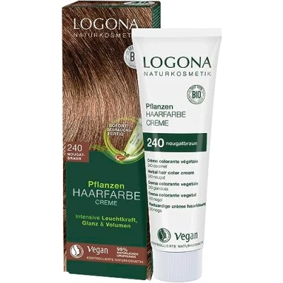 Obrázek LOGONA Naturkosmetik Rostlinná barva na vlasy krémová 240 nugátově hnědá, hnědá přírodní s hennou, hnědý odstín, barevný krém tmavé vlasy, 150 ml