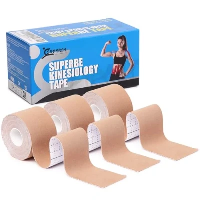 Obrázek Superbe kineziologická páska a fyziopáska (balení se 3 kolečky), pro lehkou atletiku, k úlevě od bolesti, uzdravení fyzioterapii, 5 cm x m (béžová)