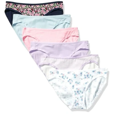 Obrázek Amazon Essentials Dámské bikinové kalhoty z bavlny (k dostání v nadměrné velikosti), balení po 6 kusech, modrá/fialová/růžová/černá květina/pruhy/bílé květiny, 42