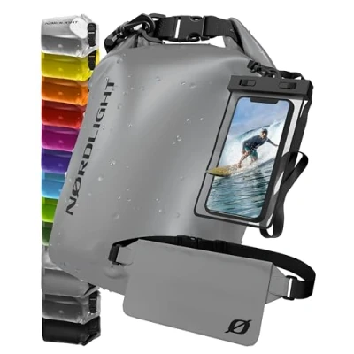 Obrázek Nordlight vodotěsná taška sada 3 ks (šedá) Dry Bag 10 l + vodotěsné pouzdro na mobil ledvinka ochrana IPX8 s nastavitelnými popruhy pláž, Stand Up Paddling