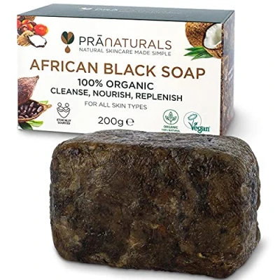 Obrázek PraNaturals Organické africké černé mýdlo 200 g, veganská kosmetika, pro všechny typy pleti, ruční výroba v tropické ghaně