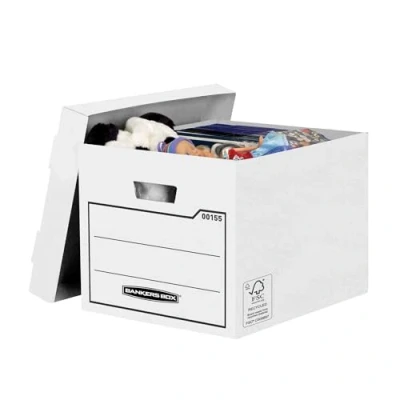 Obrázek Bankers box Úložný s víkem ze stabilní vlnité lepenky B flute, hnědá, pro předměty v domácnosti, hračky, dokumenty, 100% recyklovaný a recyklovatelný, barva: bílá, balení 10 kusy