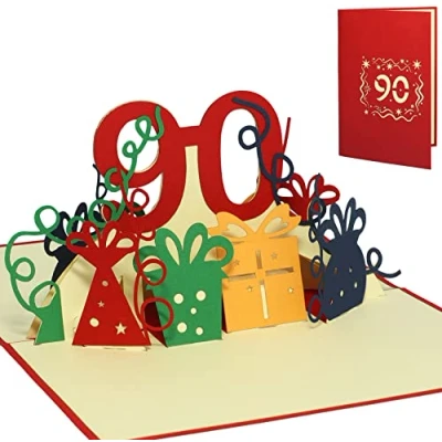 Obrázek LINPOPUP® Pop Up přání 90. narozeninám, 3D narozeninové s obálkou, Happy Birthday k dárek pro ženu, kolegyni, jubileum, babičku, 90 číslice červená, N232