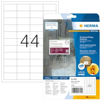 Obrázek HERMA 4690 Fóliové etikety odolné proti povětrnostním vlivům, 25 listů, 48,3 x 25,4 mm, 44 na arch A4, 1100 kusů, samolepicí, potištěné, matné, prázdné lepicí z fólie, bílé