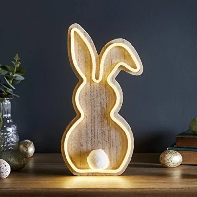 Obrázek Lights4fun LED neonový velikonoční zajíček ze dřeva teplá bílá 30 cm provoz na baterie dekorace moderní jarní osvětlení okna