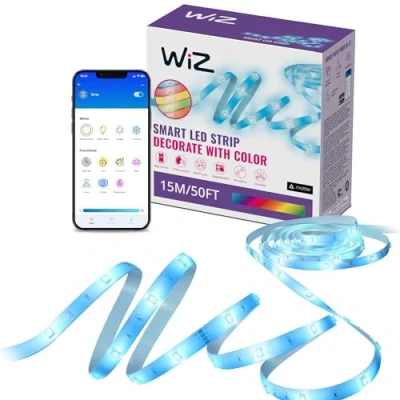 Obrázek WiZ RGB LED světelný pásek 15 m, nastavitelný, 16 milionů barev + bílé odstíny, přednastavené světelné režimy, spojuje se s vaším WLAN, ovládání hlasem/ aplikací, funguje Google Home, Alexa a