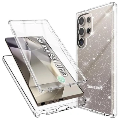 Obrázek Mosoris pouzdro na mobil pro Samsung Galaxy S24 ultra se zabudovanou ochranou displeje 360 stupňů nárazuvzdorné ochranné měkké silikonové bumper průhledné třpytivé Slim Flexible TPU