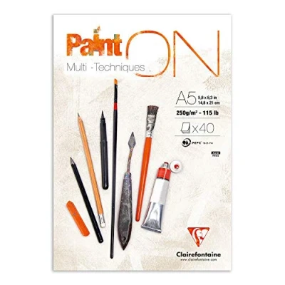 Obrázek Clairefontaine 96538C Malířský blok / kreslicí PaintON jemnozrnný DIN A5 14,8x21 cm, lepený na obou stranách, 40 listů, 250 g, 100% celulóza, možné opravy, ideální pro mixérová média, bílá, 1