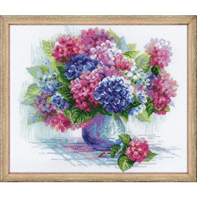 Obrázek Riolis vyšívání křížkovým stehem sada Hortensie, bavlna, vícebarevná, 35 x 30 1 cm