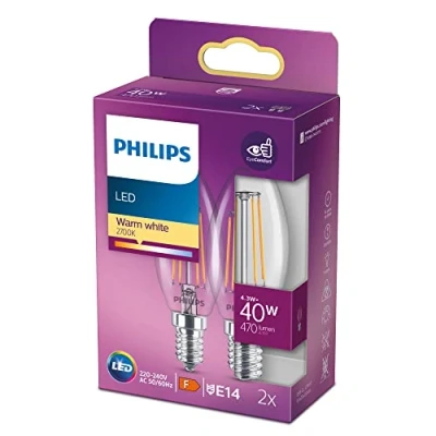 Obrázek Philips LED classic žárovka E14, tvar svíčky, 40 W, teplá bílá (2700), 470 lumenů, sklo, balení 2 ks
