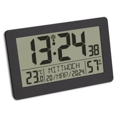 Obrázek TFA Dostmann Digitální rádiové nástěnné hodiny, 60.2557.01, s budíkem se 2 časy alarmu, velký displej, ukazatelem teploty, datum, dny v týdnu, podsvícením, stolní 20 x 13 cm, černé
