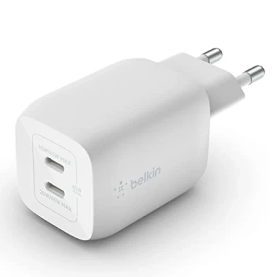 Obrázek Belkin 65W USB C nabíječka se 2 porty, rychlé nabíjení s technologií Power Delivery 3.0 a GaN Pro iPhone 16/15, Plus, Pro, Max, iPad Air, MacBook, Galaxy S24, Ultra, Tab, Pixel, atd.