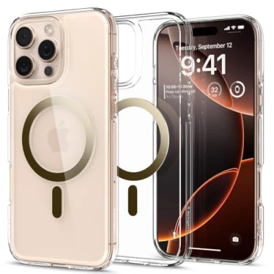 Obrázek Spigen Pro iPhone 16 Max pouzdro [Anti Yellowing] Ultra Hybrid MagFit Case obal na mobil průhledný tenký kompatibilní s MagSafe Gold