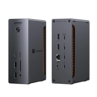 Obrázek UGREEN Revodok Max 2131 Thunderbolt 5 Dock 120Gbps s 3*TBT5 (Single 8K@60Hz max. &amp; Dual Display 6K@60Hz max.), 13 v 1 dokovací stanice 140 W nabíjení pro laptop, 2,5 Gbps Ethernet, SD 4. 0, 3,5 mm Aux