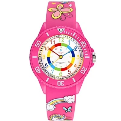 Obrázek Alienwork Kids hodinky na učení dětské chlapci dívky čas vodotěsné 5 ATM, Jednorožec/růžový/vícebarevný / silikonový pásek růžový vícebarevný, Řemínek