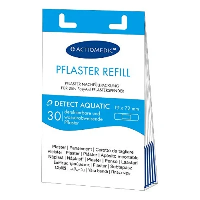 Obrázek ACTIOMEDIC EasyAid DETECT AQUATIC detekovatelné náplasti Strips náhradní sada, 30 ks, pro potravinářský průmysl kompatibilní s dávkovačem EasyAid, hypoalergenní, vodoodpudivé náplasti, modrá