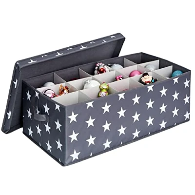 Obrázek LOVE IT STORE Úložný Box na vánoční koule textilní ozdoby stromek zesílený kartonem 30 přihrádek šedá s hvězdami 58 x 36 25 cm
