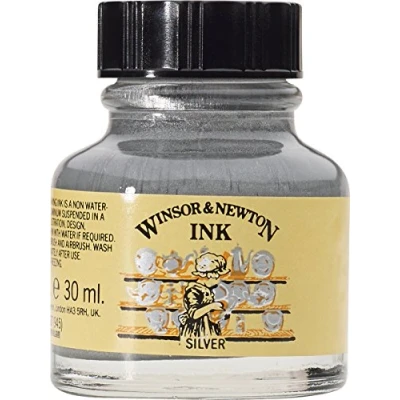Obrázek Winsor &amp; Newton 1010617 Drawing Inks kreslicí tuš pro kaligrafie, ilustrátory, grafiky, umělce voděodolné barvy, vynikající průhlednost, láhev 30 ml stříbrná