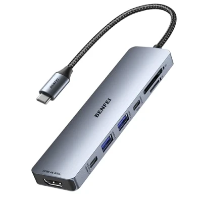Obrázek BENFEI 7 v 1 USB C rozbočovač s HDMI 4K@60 Hz, 2 A, data C, 100 W nabíjení, SD/TF čtečka karet [silikonový kabel bez zamotání] pro MacBook Pro/Air, iPad Pro, iMac, iPhone 15 Pro/Pro Max