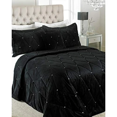 Obrázek Riva Paoletti New Diamante sada na zakrytí černá diamantová křišťálová pajetka Prošívaný geometrický design včetně 2 polštářů 100% polyester 220 x 240 cm (87&quot; 94&quot;)