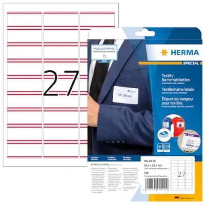 Obrázek HERMA 4512 jmenovek lze odlepit, 20 listů, 63,5 x 29,6 mm, 27 na arch A4, 540 kusů, samolepicí, potiskovatelné, beze zbytku odstranitelné acetátové hedvábí nálepky se jménem, bílá červená