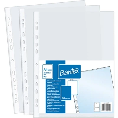 Obrázek Obaly na prospekty/pořadač pro katalogy A4+ MAXI Bantex, matné a zdrsněné, z polypropylenové fólie 90 µ (extra silné 0,09 mm), 50 kusů