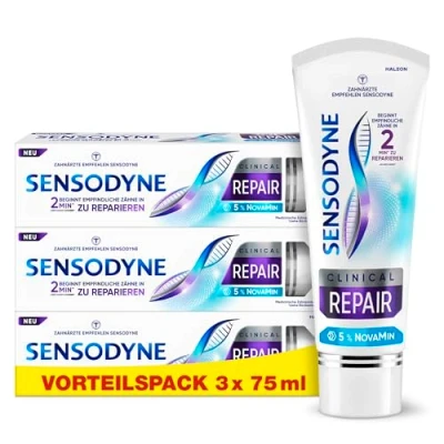 Obrázek Sensodyne Clinical REPAIR, zubní pasta pro citlivé zuby s 5 % NovaMin, dlouhotrvající úlevu, 3x 75 ml