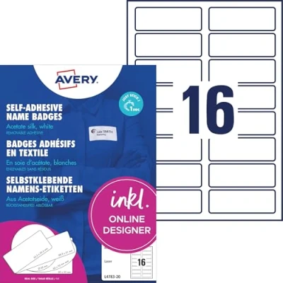 Obrázek AVERY Zweckform L4783 20 jmenovky (320 samolepek se jménem, 88,9 x 31 mm na A4, samolepicí, potištěné textilní etikety z acetátového hedvábí pro laserové tiskárny, beze zbytku odstranitelné) listů,