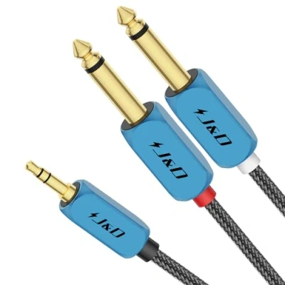 Obrázek J&amp;D 3,5 mm na duální 6,35mm Y kabel rozdělovač, 1/8 palce TRS konektor Dual 1/4&quot; TS mono stereo pro zesilovač/mixér/audiorekordér, s nylonovým opletením a pozlaceným měděným pouzdrem