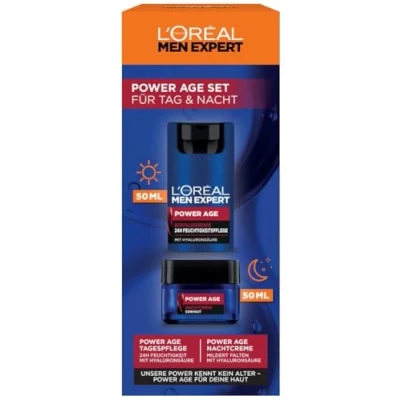 Obrázek L&#039;Oréal Men Expert sada pro péči o vrásky muže, dárková s anti aging denním krémem a nočním proti matné pokožce, dárky muže kyselinou hyaluronovou, Power Age, 2 x 50 ml