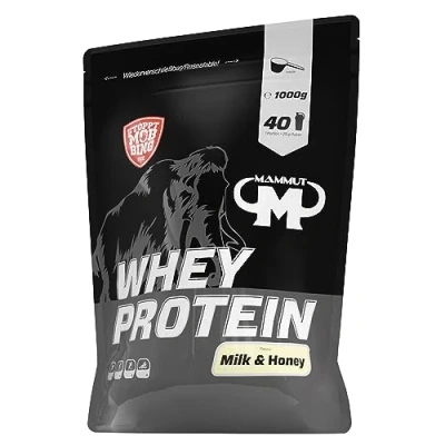 Obrázek Mammut Nutrition Whey Protein prášek Milk &amp; Honey 1 kg 27 g proteinu v jedné porci bílkovinový s vysokým podílem BCAA perfektní rozpustnost ve vodě a mléce ideální svačina