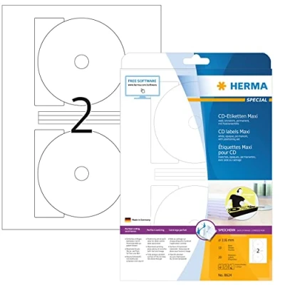 Obrázek HERMA 8624 CD DVD etikety vč. centrovací pomůcky neprůhledné, 10 listů, Ø 116 mm MAXI, 2 arch A4, 20 kusů, samolepicí, s možností potisku, matné, prázdné papírové lepicí nálepky, bílé