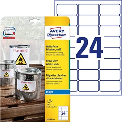 Obrázek AVERY Zweckform J4773 10 Fóliové etikety odolné proti povětrnostním vlivům (63,5 x 33,9 mm na DIN A4, inkoust, extrémně silně samolepicí, potištěná venkovní lepicí fólie) 240 nálepek listů bílé,