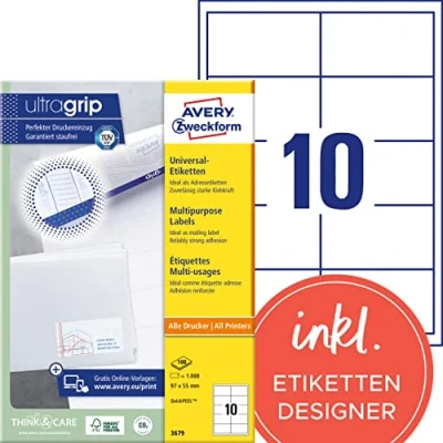 Obrázek Avery Zweckform 3679 Univerzální etikety (A4, papír matný, 1,000 etikety, 97 X 55 mm) 100 Folio Bílá