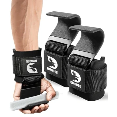Obrázek DMoose Fitness Gewichtheberhaken für Männer &amp; Frauen (Paar) 8 mm dicke Handgelenkpolster Gewichthebergriffe Powerlifting, Shrugs, Rows Deadlift Support Gym Lifting Straps mit Pull Up Hooks