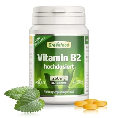 Obrázek Vysoká dávka vitaminu B2 vitamin 250 mg denně (180 veganských tablet) Riboflavin podporuje metabolismus energie, pokožku a nervy bez přísad, genetické inženýrství, laboratorně testováno