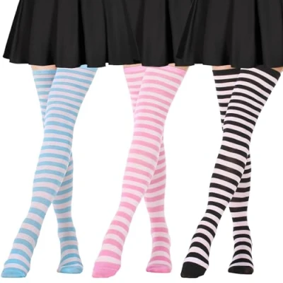 Obrázek DRESHOW 3 Paar Damen Extra Lange Socken Überknie Kniestrümpfe Overknee Strümpfe Gestreifte Lässige Hoch Booten