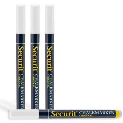 Obrázek SECURIT 4er Set Kreidemarker Für nicht poröse Oberflächen (Schwarze Tafel, Glas, Metall, Spiegel...) Dünne Spitze 1 2 mm Weiß