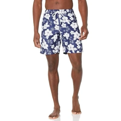 Obrázek Amazon Essentials Herren Badehose, Schnell Trocknend, 23 cm, Marineblau Hibiskusblume, L
