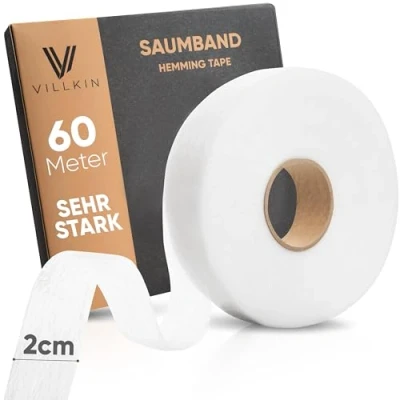 Obrázek Villkin lem 60 m délka a šířka 20 mm nažehlovací páska k nažehlení na textilie, jako jsou kalhoty, záclony vysoce kvalitní (bílá, x m)