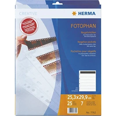 Obrázek HERMA 7762 negativních obalů 35 mm pro pořadač, 25 kusů po 7 malých obrázcích proužků à 6 obrázků, negativní archivační obaly na negativy s euroděrováním a bezpečnostní klapkou, transparentní