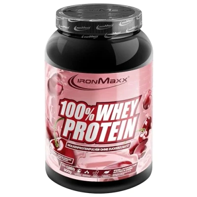 Obrázek IronMaxx 100% Whey Protein prášek třešeň jogurt 900 g dóza redukovaný cukr, ve vodě rozpustný proteinový ze syrovátkového proteinu mnoho různých příchutí