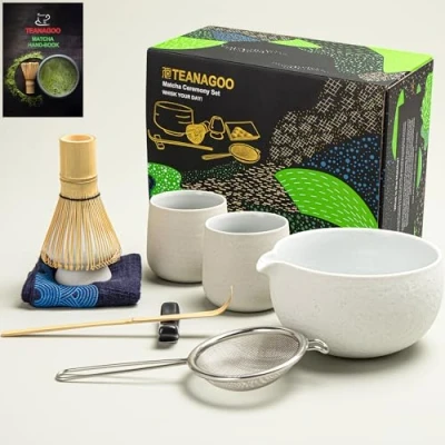 Obrázek TEANAGOO Matcha Whisk set Bowl s litým Spout Bambus Scoop Holding Tee Making Kit. 1 japonský čajový (7 ks) +2 šálky (7,2 unce), S3, Lt.Grey