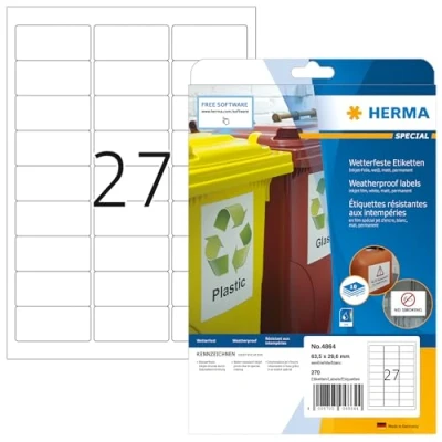 Obrázek HERMA 4864 fóliové etikety odolné proti povětrnostním vlivům pro inkoustové tiskárny, 10 listů, 63,5 x 29,6 mm, 27 arch A4, 270 kusů, samolepicí, potisknutelné, matné, samolepicí nálepky
