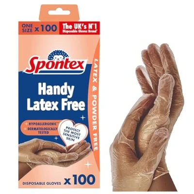 Obrázek Spontex Protect jednorázové rukavice z vinylu, bez prášku a latexu, mnohostranně použitelné, v praktickém zásobníku, velikost L, balení po 100 kusech,