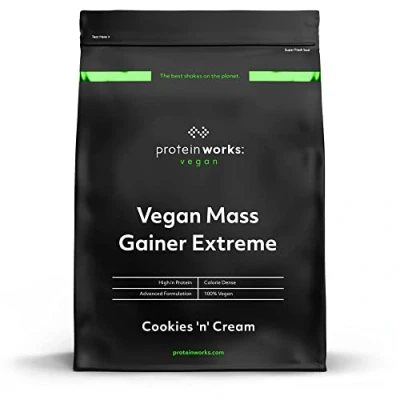 Obrázek Protein Works Vegan Mass Gainer Extreme Cookies n Cream práškový koktejl bohatý na kalorie a proteiny sacharidy Weight 1 kg
