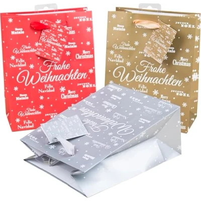 Obrázek HEKU Sada dárkových tašek, Glitter &#039;Merry x Mas&#039; Design I 24 kusů ve 3 barvách (červená, zlatá, stříbrná) Praktická velikost (23 18 10 cm) Včetně malé skládací kartičky pro osobní zprávy