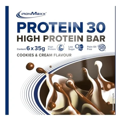Obrázek Protein 30 Bar Cookies &amp; Cream 6 x High tyčinka 35 g redukce cukru, 30% obsah bílkovin, chutná svačina s jemnou krémovou náplní
