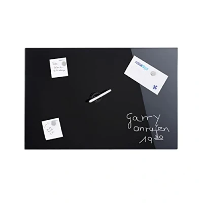 Obrázek Relaxdays Magnetická tabule popisovatelná, vč. 3 magnetů a tužek, omyvatelná, bez rámu, sklo magnetické tabule, černá, 80 x 50 cm